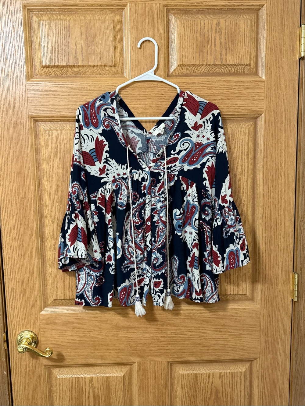 Entro Boho Paisley V-Neck Tie-Front Blouse in Navy and Red
